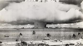 (NUCLEAR) A group of four panoramic atomic bomb testing photographs, including two sets of duplicates from the Bikini Atoll Baker Day b